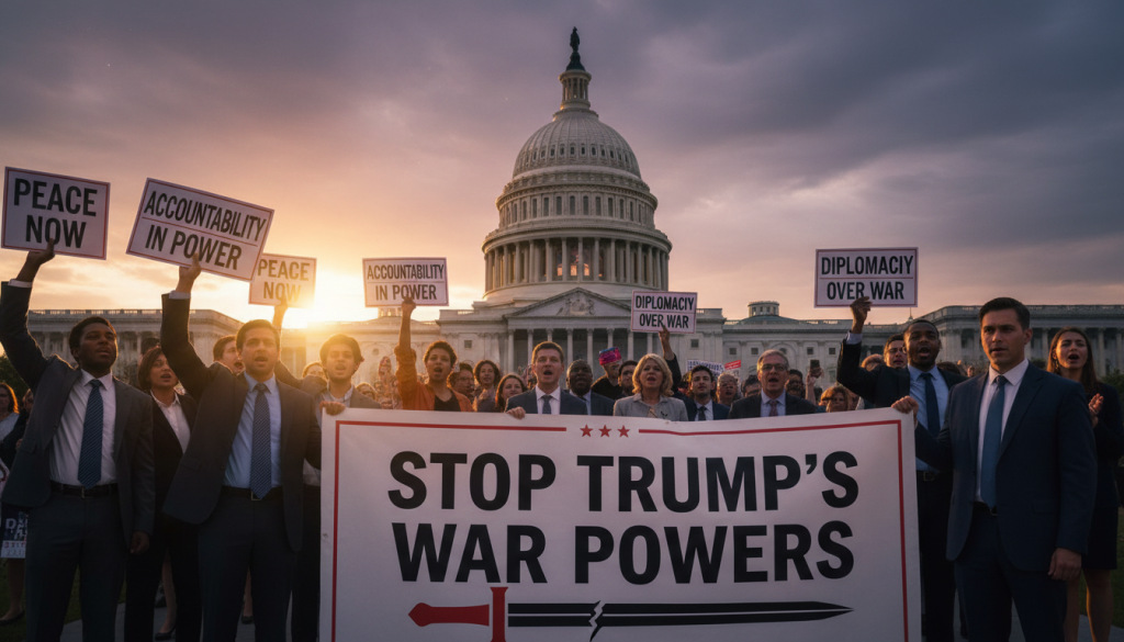 A dynamic scene depicting a political rally focused on stopping Trump’s potential military actions against Iran. In the foreground, a diverse group of activists, dressed in professional business attire, holds protest signs against war, with symbols of peace and unity. The middle ground features a large banner reading "Stop Trump's War Powers," positioned against an energized crowd advocating for peace. The background showcases the U.S. Capitol building under a dramatic twilight sky, symbolizing the ongoing political debate in Washington. The lighting is warm with a slight dramatic flair, creating a sense of urgency and determination among the crowd. The overall mood is passionate and resolute, emphasizing a collective call for peace and accountability in governance. A dynamic scene depicting a political rally focused on stopping Trump’s potential military actions against Iran. In the foreground, a diverse group of activists, dressed in professional business attire, holds protest signs against war, with symbols of peace and unity. The middle ground features a large banner reading "Stop Trump's War Powers," positioned against an energized crowd advocating for peace. The background showcases the U.S. Capitol building under a dramatic twilight sky, symbolizing the ongoing political debate in Washington. The lighting is warm with a slight dramatic flair, creating a sense of urgency and determination among the crowd. The overall mood is passionate and resolute, emphasizing a collective call for peace and accountability in governance.