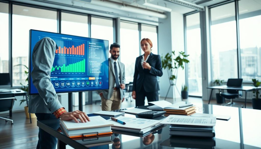 A dynamic scene depicting the concept of improving a credit score quickly and wisely. In the foreground, a diverse group of three professionals, dressed in smart business attire, are gathered around a large digital screen displaying vibrant graphs and charts related to credit scores. In the middle ground, a well-organized workspace is shown, featuring notepads, calculators, and financial documents, symbolizing strategic planning. The background features a modern office with large windows, letting in soft, natural light that emphasizes a productive atmosphere. The mood is optimistic and focused, with a color palette of blues and greens to convey trust and stability. The angle is slightly elevated, providing a comprehensive view of the scene while maintaining clarity on the subjects and their activities. A dynamic scene depicting the concept of improving a credit score quickly and wisely. In the foreground, a diverse group of three professionals, dressed in smart business attire, are gathered around a large digital screen displaying vibrant graphs and charts related to credit scores. In the middle ground, a well-organized workspace is shown, featuring notepads, calculators, and financial documents, symbolizing strategic planning. The background features a modern office with large windows, letting in soft, natural light that emphasizes a productive atmosphere. The mood is optimistic and focused, with a color palette of blues and greens to convey trust and stability. The angle is slightly elevated, providing a comprehensive view of the scene while maintaining clarity on the subjects and their activities.