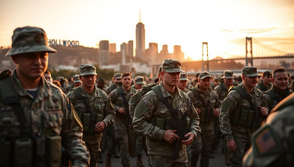 A poignant scene capturing the end of National Guard deployments in Los Angeles, Chicago, and Portland. In the foreground, a diverse group of National Guard members in professional military uniforms, packing their gear with a sense of relief and camaraderie. The middle ground features iconic city landmarks, such as the Hollywood sign in Los Angeles, the Chicago skyline, and Portland's bridges, showcasing their distinct identities. The background includes a sunset casting warm hues across the sky, symbolizing the closure of this chapter. The mood is one of hopeful reflection, emphasizing peace and transition. The composition should have a slightly elevated angle, making it feel immersive while maintaining sharp focus on the soldiers in action, with soft bokeh effects on the crowd and city features. The lighting is soft and golden, creating a serene atmosphere.