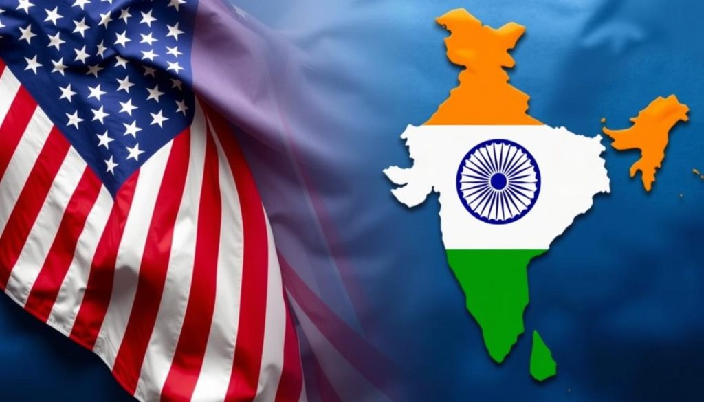 A powerful visual metaphor for the U.S.-India trade shift, featuring a vibrant trade scene. In the foreground, two business professionals—one Indian and one American—shake hands, both clad in formal attire, conveying a sense of collaboration. In the middle ground, colorful shipping containers labeled with the flags of the U.S. and India intermingle with symbols of energy, like oil rigs and solar panels, highlighting the focus on energy enforcement. The background features a bustling port with cranes unloading cargo ships, under a clear blue sky that suggests optimism and transformation. The lighting is warm and inviting, casting gentle shadows that add depth. The overall mood reflects progress, cooperation, and the dynamic nature of international trade.