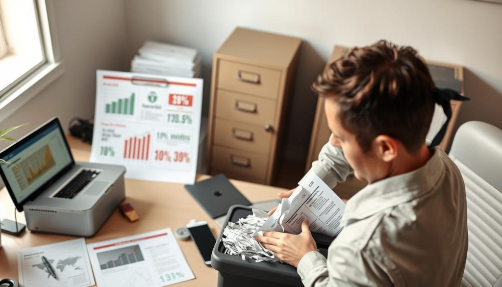 A professional office background features a modern desk cluttered with identity protection tools like a shredder, locked file cabinet, and a laptop displaying security software. In the foreground, a focused individual in professional attire is seen carefully shredding documents, preventing identity theft. The middle ground shows charts on the desk detailing identity theft statistics and protective measures, with a financial document being secured in the locked cabinet. Soft, natural lighting filters in through a window, creating a calm, secure atmosphere. The camera angle is slightly high, providing a comprehensive view of the scene while emphasizing the importance of vigilance in safeguarding personal information. The overall mood conveys diligence and awareness in the fight against identity theft.