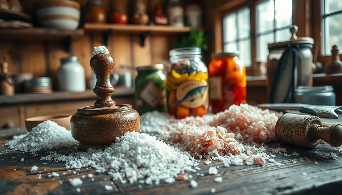 A rustic wooden tabletop is cluttered with various types of salt, including coarse sea salt, fine table salt, and colorful Himalayan salt. In the foreground, a beautifully crafted wooden salt cellar sits open, revealing its contents. In the middle ground, jars of preserved salt-cured foods, such as vegetables and fish, demonstrate the utility of salt in food storage. The background features a warm, vintage kitchen, with shelves lined with salt-related items and a soft, natural light filtering through a window, creating a cozy, inviting atmosphere. A slightly tilted view enhances dimensionality, while a focus on the textures of the salt and wood evokes a sense of tradition and value. The mood is practical yet wholesome, illustrating the essential role of salt in prepper culture. A rustic wooden tabletop is cluttered with various types of salt, including coarse sea salt, fine table salt, and colorful Himalayan salt. In the foreground, a beautifully crafted wooden salt cellar sits open, revealing its contents. In the middle ground, jars of preserved salt-cured foods, such as vegetables and fish, demonstrate the utility of salt in food storage. The background features a warm, vintage kitchen, with shelves lined with salt-related items and a soft, natural light filtering through a window, creating a cozy, inviting atmosphere. A slightly tilted view enhances dimensionality, while a focus on the textures of the salt and wood evokes a sense of tradition and value. The mood is practical yet wholesome, illustrating the essential role of salt in prepper culture.