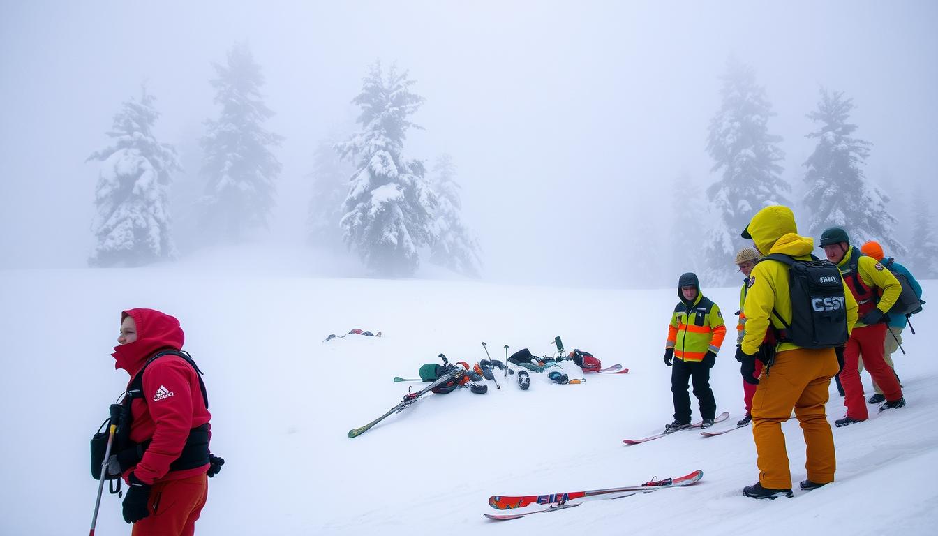 A serene yet somber winter scene depicting the aftermath of an avalanche in the California mountains, specifically around Lake Tahoe. In the foreground, a group of search and rescue professionals in bright jackets carefully survey the snow-covered terrain, their serious expressions reflecting the urgency and gravity of the situation. In the middle ground, scattered ski equipment, partially buried in the snow, hints at the recent tragic events without showing any victims. The background features towering pine trees dusted with snow, shrouded in a low-lying mist that adds a sense of mystery and tension. The lighting is overcast, casting a cold, bluish hue across the landscape, enhancing the mood of concern and vigilance. The angle is slightly elevated to encapsulate the vastness of the snowy expanse while maintaining focus on the rescuers. California Avalanche