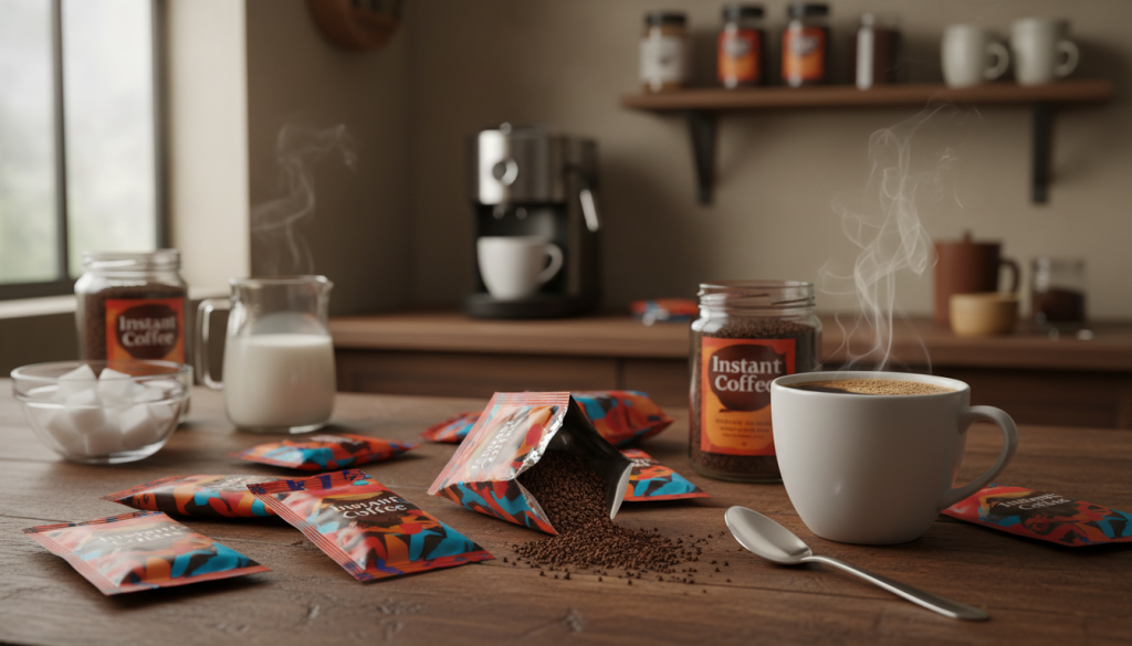 A vibrant scene showcasing an array of instant coffee brands displayed on a wooden table. In the foreground, highlight unique coffee packets with vibrant, eye-catching designs, some opened to reveal rich, brown granules. Include a steaming cup of coffee, placed next to a small spoon, suggesting an inviting atmosphere. The middle ground transitions into a cozy kitchen environment with soft, warm lighting, accentuating a modern coffee maker and fresh ingredients like milk and sugar nearby. In the background, a subtle blurred shelf displays more coffee variants and coffee-related accessories. The overall mood is warm and inviting, reflecting a thorough testing process while conveying a sense of quality and enjoyment in coffee. Use a slightly shallow depth of field to focus on the coffee items, creating a professional yet approachable image.