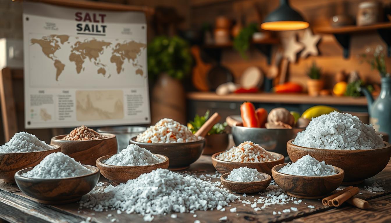 A visually rich composition illustrating the multifaceted history and modern-day uses of salt, layered thoughtfully. In the foreground, a rustic wooden table displays various forms of salt: sea salt, Himalayan pink salt, and rock salt, alongside wooden bowls filled with spices. In the middle ground, an illustrated timeline traces the historical significance of salt, highlighting ancient trade routes and its role in preserving food, with sepia-toned maps. The background showcases a modern kitchen where salt is used in cooking, surrounded by fresh ingredients like vegetables and meats. Soft, warm lighting illuminates the scene, creating a cozy, inviting atmosphere. A shallow depth of field enhances focus on the foreground, evoking a sense of nostalgia and reverence for salt's enduring value as a prepper's essential resource. A visually rich composition illustrating the multifaceted history and modern-day uses of salt, layered thoughtfully. In the foreground, a rustic wooden table displays various forms of salt: sea salt, Himalayan pink salt, and rock salt, alongside wooden bowls filled with spices. In the middle ground, an illustrated timeline traces the historical significance of salt, highlighting ancient trade routes and its role in preserving food, with sepia-toned maps. The background showcases a modern kitchen where salt is used in cooking, surrounded by fresh ingredients like vegetables and meats. Soft, warm lighting illuminates the scene, creating a cozy, inviting atmosphere. A shallow depth of field enhances focus on the foreground, evoking a sense of nostalgia and reverence for salt's enduring value as a prepper's essential resource.