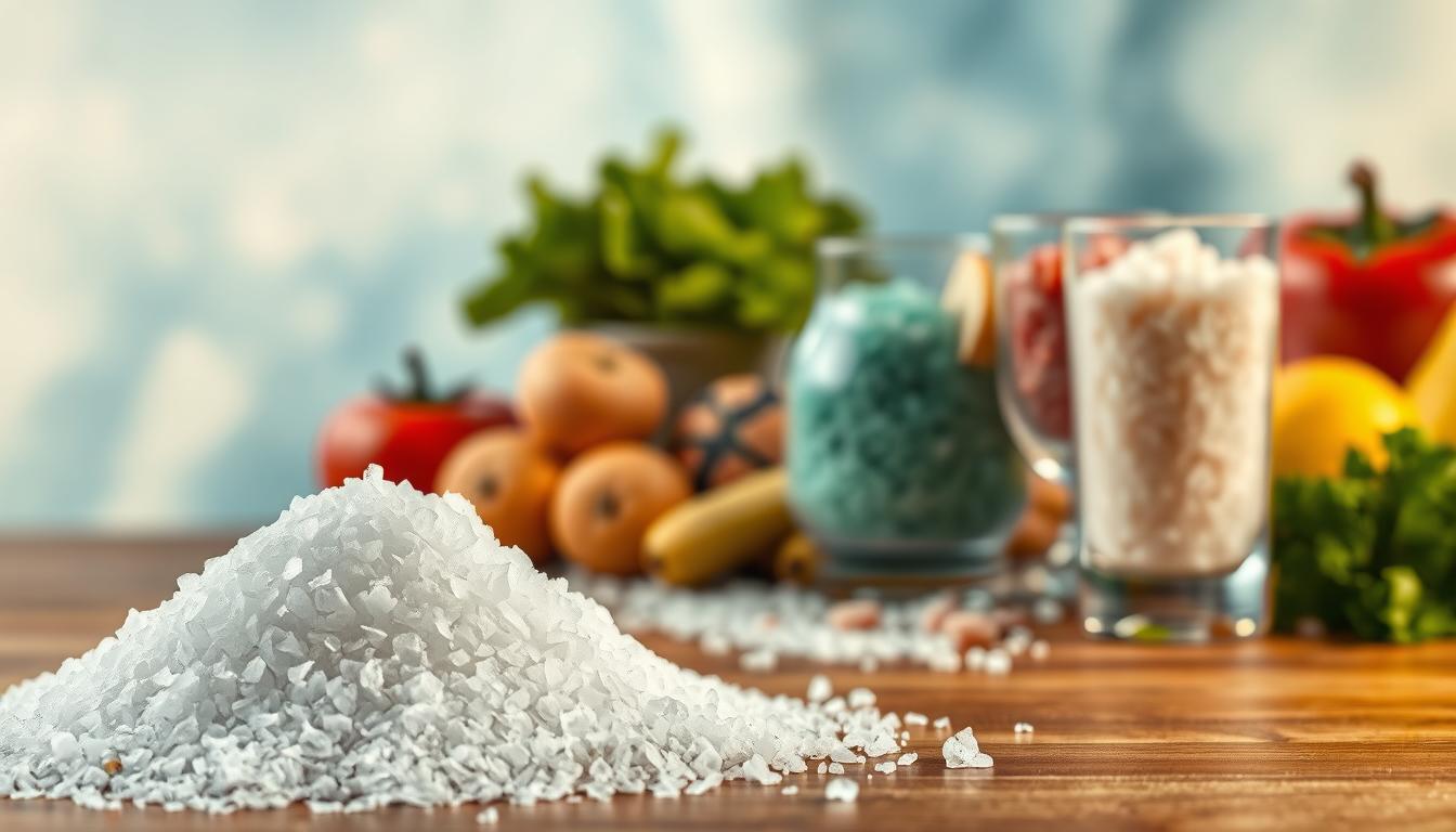 A visually striking composition showcasing the benefits of salt for human health. In the foreground, a crystalline mound of salt sparkles under a soft, warm light, with fine grains cascading onto a wooden surface. The middle ground features elegant glass containers filled with colorful salts, representing various mineral types, alongside fresh vegetables and fruits to signify balanced nutrition. In the background, a blurred gradient of blues and greens symbolizes hydration and vitality, evoking the essential role of electrolytes for nerves and muscles. The overall mood is serene and informative, with gentle natural lighting emphasizing the textures and colors, captured with a shallow depth of field to draw focus on the salt and its health benefits. A visually striking composition showcasing the benefits of salt for human health. In the foreground, a crystalline mound of salt sparkles under a soft, warm light, with fine grains cascading onto a wooden surface. The middle ground features elegant glass containers filled with colorful salts, representing various mineral types, alongside fresh vegetables and fruits to signify balanced nutrition. In the background, a blurred gradient of blues and greens symbolizes hydration and vitality, evoking the essential role of electrolytes for nerves and muscles. The overall mood is serene and informative, with gentle natural lighting emphasizing the textures and colors, captured with a shallow depth of field to draw focus on the salt and its health benefits.