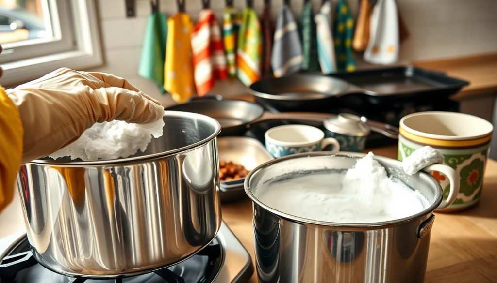 A well-lit kitchen scene focusing on the process of cleaning cookware. In the foreground, a hand wearing a rubber glove scrubs a shiny stainless steel pot with a paste of baking soda and water. The pot reflects natural light, highlighting its polished surface. In the middle ground, a variety of well-used cookware, including skillets and baking trays, showcases stubborn stains and burnt-on residue. A mug with interesting patterns sits nearby, also being scrubbed. The background features a cozy kitchen atmosphere with soft, warm lighting, and colorful dish towels hanging on the rack. The overall mood is clean, inviting, and focused on the effective use of baking soda as a versatile cleaning agent.