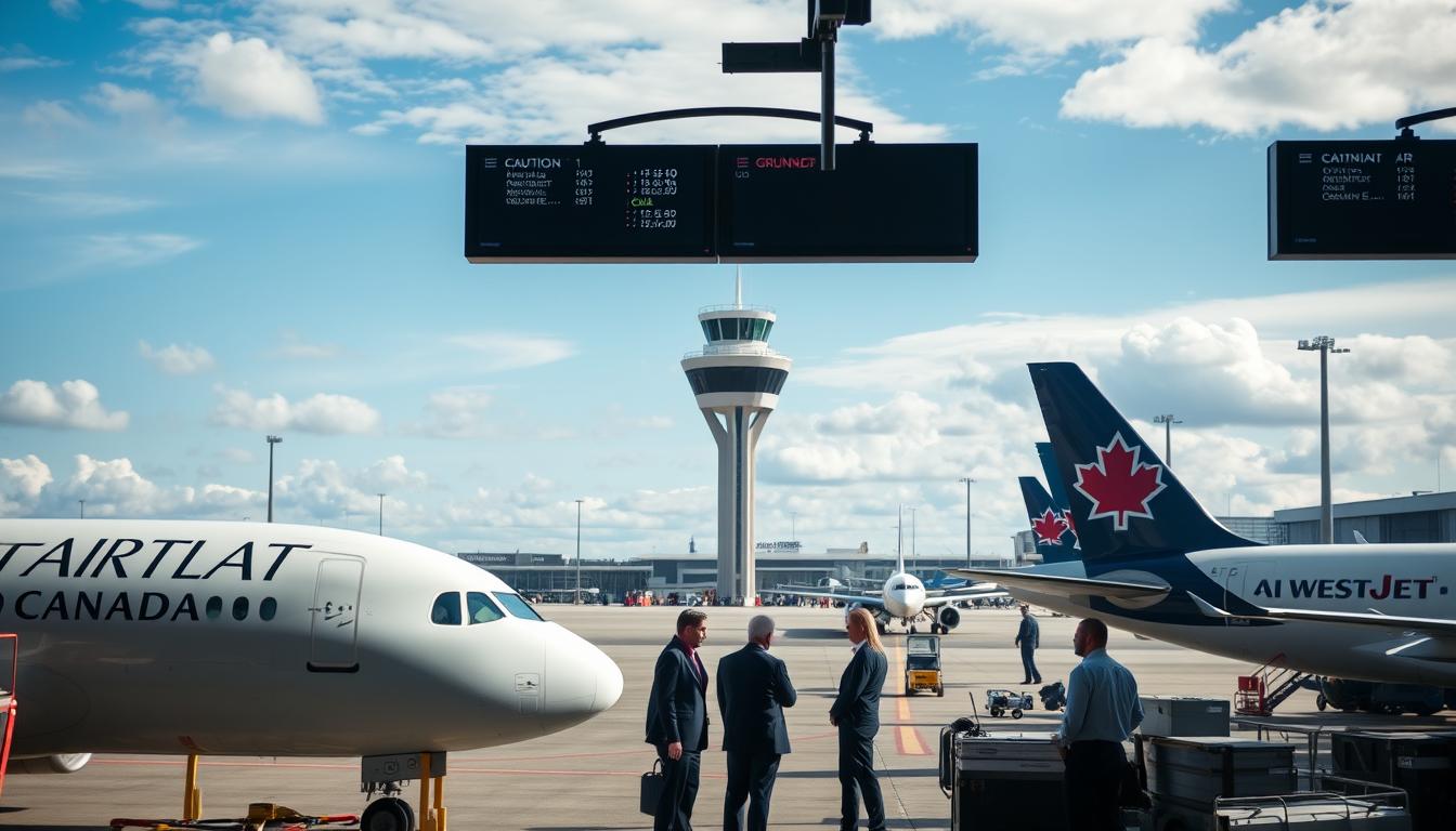 Aerial view of an airport terminal with planes grounded, showcasing air travel restrictions. In the foreground, a row of two airline planes from Air Transat and WestJet parked on the tarmac, a noticeable "caution" sign nearby. In the middle, busy airport staff in professional business attire coordinating logistics, looking at a digital display showing flight updates. In the background, an air traffic control tower is visible, with a clear blue sky and clouds, symbolizing the disruption in air travel. Soft sunlight illuminates the scene, creating a tense yet professional atmosphere, reflecting the impact of the recent travel restrictions. Shot from a slightly elevated angle to capture the expanse of the airport. Canada Stops flights to U.S