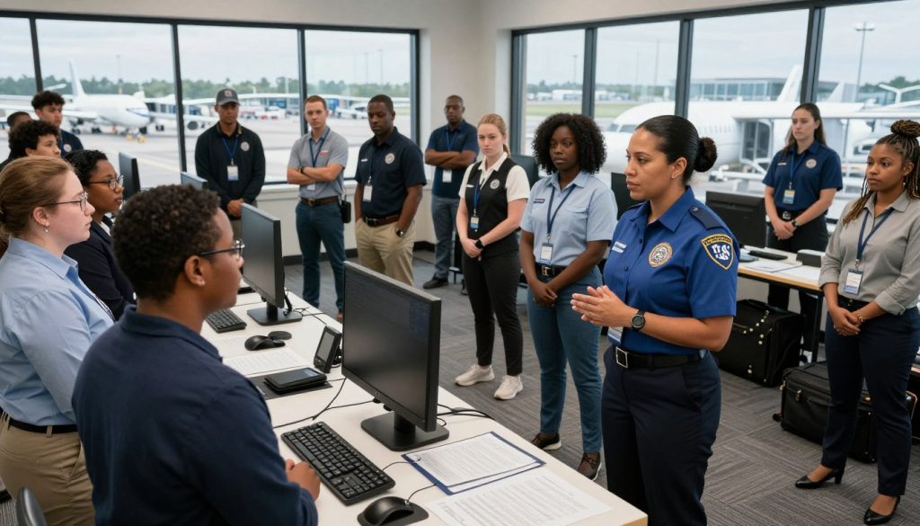 A TSA training facility interior with diverse trainees engaged in a hands-on security simulation. In the foreground, a female TSA agent in a professional uniform instructs a group of attentively listening trainees, all dressed in business casual attire, showcasing a variety of ethnic backgrounds. The middle ground features training materials and equipment, such as security scanners and luggage, set up for practical exercises. In the background, large windows let in natural light, enhancing the learning environment while showcasing a busy airport scene outside, hinting at the broader implications of TSA staffing issues. The mood is intense yet focused, capturing the urgency and seriousness of national security training. A TSA training facility interior with diverse trainees engaged in a hands-on security simulation. In the foreground, a female TSA agent in a professional uniform instructs a group of attentively listening trainees, all dressed in business casual attire, showcasing a variety of ethnic backgrounds. The middle ground features training materials and equipment, such as security scanners and luggage, set up for practical exercises. In the background, large windows let in natural light, enhancing the learning environment while showcasing a busy airport scene outside, hinting at the broader implications of TSA staffing issues. The mood is intense yet focused, capturing the urgency and seriousness of national security training.
