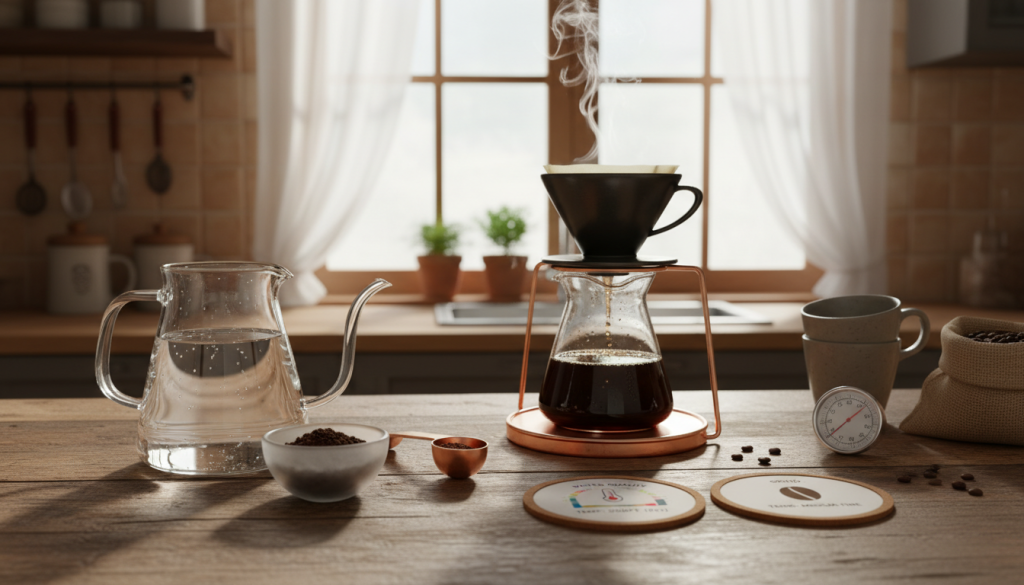 A beautifully arranged coffee brewing setup on a rustic wooden countertop, featuring a sleek pour-over coffee maker with steam gently rising from it. In the foreground, a crystalline glass kettle filled with pristine water sits next to a small bowl of filtered coffee grounds. The middle section showcases tips for brewing coffee, like a measuring spoon, water temperature gauge, and attractive infographics displayed on the counter, highlighting the importance of water quality. The background features an inviting kitchen with soft, natural light streaming through a window, casting gentle shadows and creating a warm, homey atmosphere. The overall mood is cozy and inviting, emphasizing clarity and quality in coffee brewing. A beautifully arranged coffee brewing setup on a rustic wooden countertop, featuring a sleek pour-over coffee maker with steam gently rising from it. In the foreground, a crystalline glass kettle filled with pristine water sits next to a small bowl of filtered coffee grounds. The middle section showcases tips for brewing coffee, like a measuring spoon, water temperature gauge, and attractive infographics displayed on the counter, highlighting the importance of water quality. The background features an inviting kitchen with soft, natural light streaming through a window, casting gentle shadows and creating a warm, homey atmosphere. The overall mood is cozy and inviting, emphasizing clarity and quality in coffee brewing.