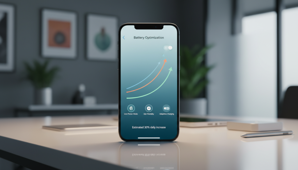 A close-up view of an iPhone 17 on a slick, modern desk, showcasing its sleek design and vibrant screen displaying battery optimization settings. In the foreground, focus on the phone's screen with an interactive interface featuring graphical representations of battery performance metrics and energy-saving options. The middle layer reveals a subtle reflection of soft white ambient lighting, illustrating a serene tech workspace with minimalist accessories. In the background, blur a stylish office environment, with hints of greenery and soft-focus elements to create a calming atmosphere. The overall mood should evoke efficiency and innovation, with a bright yet soft color palette that conveys advanced technology and sophistication. The lens should have a shallow depth of field to emphasize the phone, enhancing the visual appeal without distractions.