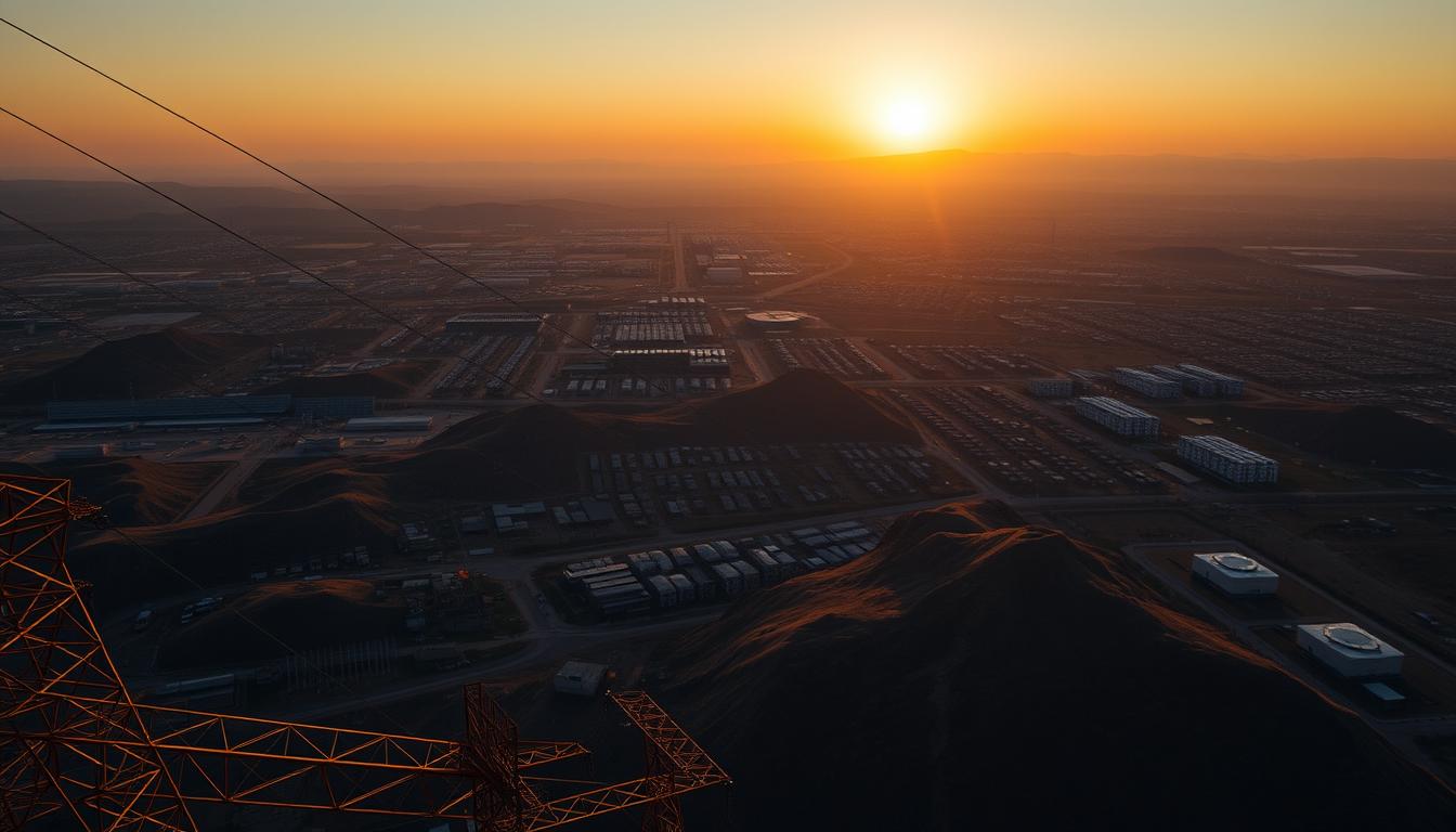 A detailed aerial view of Iran's energy network, showcasing a sprawling grid of power lines, substations, and energy facilities amidst a varied landscape of mountains and urban areas. In the foreground, intricate details of power lines crisscrossing above, with solar panels and wind turbines visible near the cities. The middle layer includes a blend of infrastructural elements like electrical towers and energy storage facilities. The background features a sunset casting a dramatic golden hue over the horizon, creating shadows that emphasize the vastness of the network. The atmosphere is tense and somber, reflecting the critical nature of energy infrastructure. The scene is captured with a wide-angle lens to enhance depth and perspective, under clear lighting to highlight the intricacies of the power grid. Iran's Power Grid?