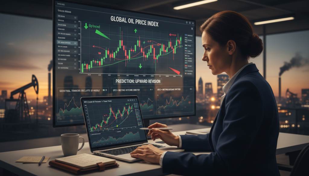 A detailed, analytical scene showcasing oil price analysis. In the foreground, a professional analyst in business attire studies charts and graphs related to oil prices on a sleek laptop. The middle ground features a large digital screen displaying fluctuating oil price graphs, with highlighted data trends and predictions. The background includes a city skyline at dusk, with oil pumps subtly illustrated against the horizon, symbolizing the connection between global events and market responses. The room is softly lit with warm lighting creating a serious, focused atmosphere. The angle is slightly above eye level, capturing both the analyst's concentration and the digital analysis tools. Overall, the mood conveys urgency and professionalism, reflecting the complexities of the oil market amid geopolitical tensions. A detailed, analytical scene showcasing oil price analysis. In the foreground, a professional analyst in business attire studies charts and graphs related to oil prices on a sleek laptop. The middle ground features a large digital screen displaying fluctuating oil price graphs, with highlighted data trends and predictions. The background includes a city skyline at dusk, with oil pumps subtly illustrated against the horizon, symbolizing the connection between global events and market responses. The room is softly lit with warm lighting creating a serious, focused atmosphere. The angle is slightly above eye level, capturing both the analyst's concentration and the digital analysis tools. Overall, the mood conveys urgency and professionalism, reflecting the complexities of the oil market amid geopolitical tensions.