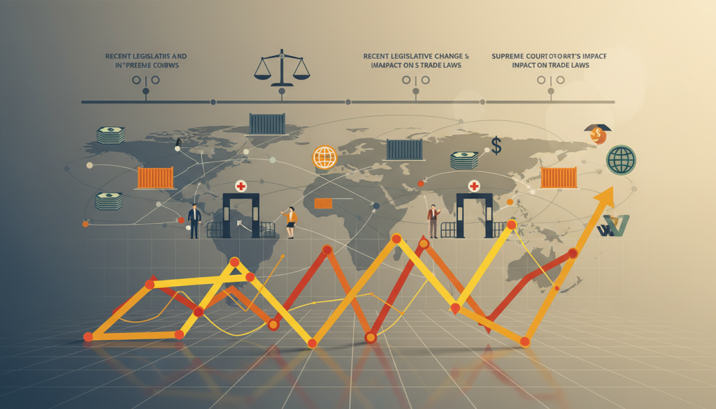 A detailed infographic-style representation of tariff rates with a focus on trade investigations. In the foreground, create a stylized graph displaying varying tariff percentages, with upward and downward trends in bright colors. In the middle ground, illustrate international trade connections with arrows and icons representing shipping containers, customs checkpoints, and currencies, emphasizing globalization. The background should feature a timeline of recent legislative changes, depicted as scales of justice to symbolize the Supreme Court's influence on trade laws. Use warm, professional lighting to create a clear, engaging visual without any text or labels. The mood should be informative and forward-looking, capturing the complexity and impact of import taxes and trade barriers on global commerce. New Tariffs Taxes