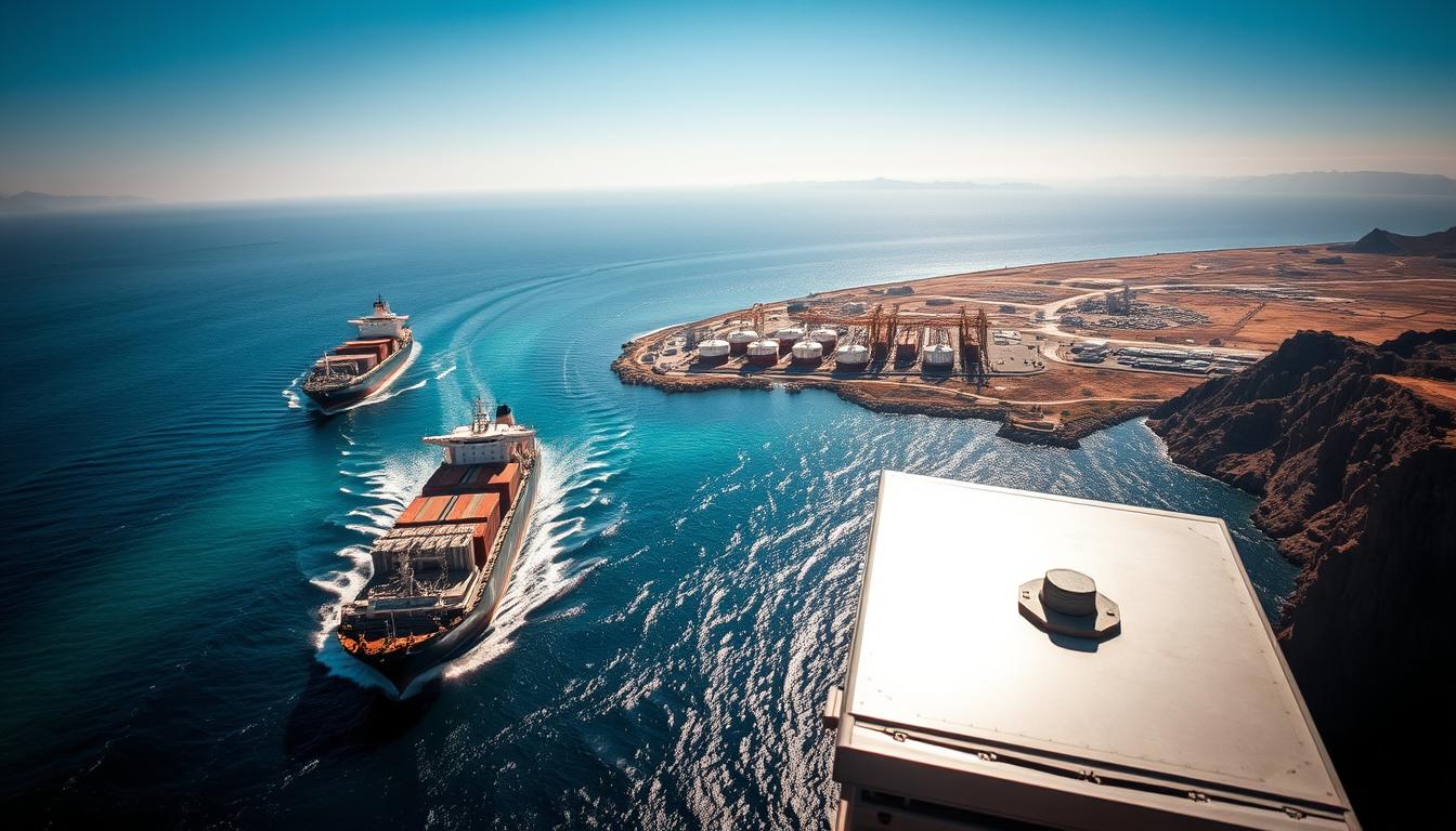 A dramatic aerial view of the Strait of Hormuz, capturing the essence of a vital maritime chokepoint. In the foreground, several large cargo ships navigate the narrow waters, their hulls reflecting the sunlight. In the middle ground, a rugged coastline with rocky cliffs contrasts with the azure sea, while oil tankers wait at a port, symbolizing international trade. The background features a hazy horizon with distant mountains and a clear blue sky, conveying a sense of tension and urgency. The lighting is bright, highlighting the stark colors of the scene, and the angle emphasizes the strategic importance of this shipping route. The mood is tense and foreboding, hinting at geopolitical tensions in the region. Strait of Hormuz