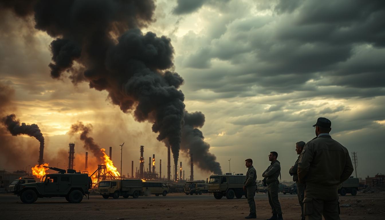 A dramatic scene depicting rising tensions in the Middle East following a significant strike on an oil refinery. In the foreground, an oil refinery ablaze, with thick plumes of smoke billowing into the sky, illuminated by flickering flames. In the middle ground, military vehicles and soldiers in professional attire stand ready, observing the chaos, with their faces reflecting concern and determination. The background features a turbulent sky, filled with dark clouds suggesting an impending storm, symbolizing conflict. Soft, diffused lighting sets an ominous tone, while a wide-angle lens captures the breadth of the scene, emphasizing the scale of destruction. The overall atmosphere is one of anxiety and uncertainty, encapsulating the tension of an escalating conflict. Iran