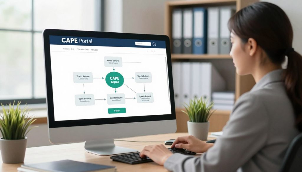 A professional office setting representing the tariff refund process through the CAPE portal. In the foreground, a focused businesswoman in professional attire sits at a desk, interacting with a computer displaying a user-friendly interface of the CAPE portal. In the middle ground, a large monitor shows a flowchart illustrating the steps of the tariff refund process, providing a clear roadmap. The background features shelves filled with organized files and a small potted plant, adding a touch of warmth and professionalism. Soft, natural lighting streams through a window, creating a bright and inviting atmosphere. The image captures a sense of clarity, efficiency, and collaboration in the process of obtaining tariff refunds. A professional office setting representing the tariff refund process through the CAPE portal. In the foreground, a focused businesswoman in professional attire sits at a desk, interacting with a computer displaying a user-friendly interface of the CAPE portal. In the middle ground, a large monitor shows a flowchart illustrating the steps of the tariff refund process, providing a clear roadmap. The background features shelves filled with organized files and a small potted plant, adding a touch of warmth and professionalism. Soft, natural lighting streams through a window, creating a bright and inviting atmosphere. The image captures a sense of clarity, efficiency, and collaboration in the process of obtaining tariff refunds.