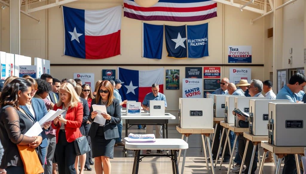 A vibrant and informative scene depicting a Texas polling station during an election period. In the foreground, a diverse group of voters in professional business attire waits in line, holding ballots and discussing enthusiastically among themselves. In the middle ground, a clear view of electronic voting machines and a table with election officials assisting voters, surrounded by election promotional materials featuring Democrat and Republican symbols. The background captures a Texas flag and colorful campaign banners hanging, symbolizing the election season. The lighting is bright and natural, suggesting a sunny day, creating a hopeful and engaged atmosphere. Focus should be wide-angle to incorporate the entire scene, reflecting the dynamic voting trends in Texas as the November elections approach.