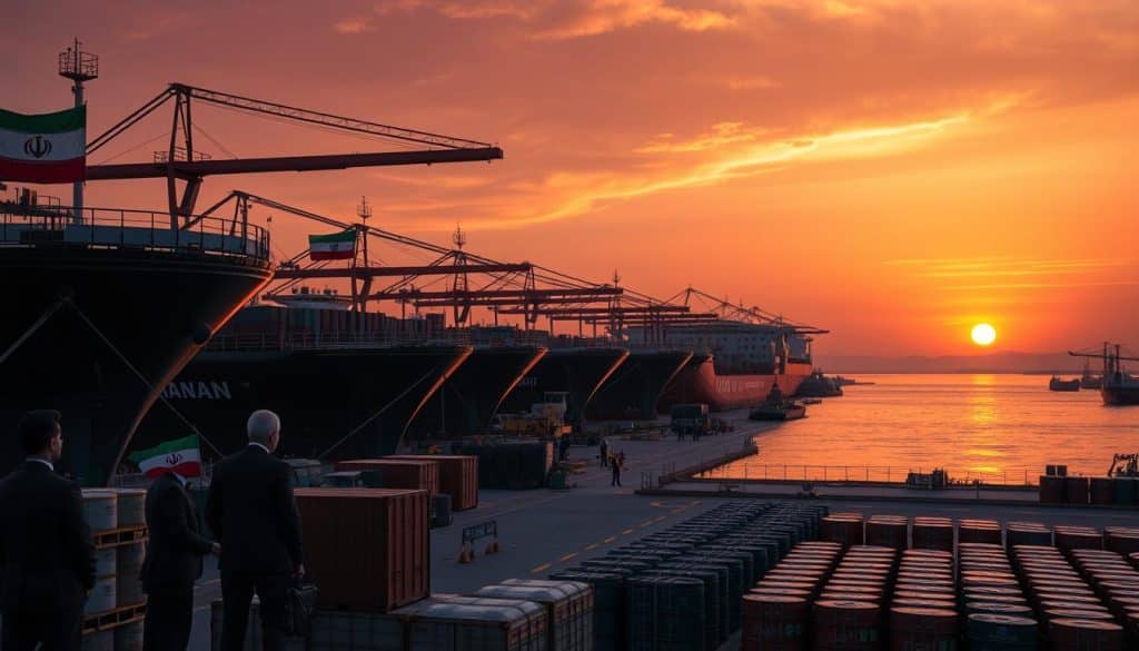 A busy Iranian oil port scene at dusk, showcasing a fleet of large oil tankers with Iranian flags, moored and being loaded with cargo. In the foreground, close-up views of workers in professional business attire managing operations and overseeing shipments, demonstrating a sense of urgency and professionalism. The middle ground features cranes and containers, with oil barrels stacked neatly along the docks. In the background, silhouettes of distant mountains and a hazy sky filled with hues of orange and purple, reflecting the setting sun. The overall atmosphere conveys tension and resilience amidst geopolitical challenges, with dynamic lighting enhancing the scene's depth and urgency. The angle captures a wide panoramic view, emphasizing both the oil trade's scale and the looming sense of pressure on energy transportation. A busy Iranian oil port scene at dusk, showcasing a fleet of large oil tankers with Iranian flags, moored and being loaded with cargo. In the foreground, close-up views of workers in professional business attire managing operations and overseeing shipments, demonstrating a sense of urgency and professionalism. The middle ground features cranes and containers, with oil barrels stacked neatly along the docks. In the background, silhouettes of distant mountains and a hazy sky filled with hues of orange and purple, reflecting the setting sun. The overall atmosphere conveys tension and resilience amidst geopolitical challenges, with dynamic lighting enhancing the scene's depth and urgency. The angle captures a wide panoramic view, emphasizing both the oil trade's scale and the looming sense of pressure on energy transportation.