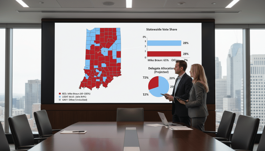 A dynamic scene capturing the tense energy of the Indiana Republican primary election results. In the foreground, a group of diverse individuals in professional business attire eagerly examines results on laptops and tablets. Their expressions convey anticipation and determination. In the middle ground, a large electronic screen displays colorful graphs and maps highlighting candidate standings and precinct breakdowns. The atmosphere is charged with excitement, enhanced by soft, focused lighting illuminating the faces of the individuals and the screen. In the background, a banner reading "Indiana Election Results" subtly hints at the setting being an election night hub, filled with celebratory red and blue colors. Shot from a slightly low angle to emphasize the intensity and importance of the moment, creating a sense of urgency and engagement in the democratic process. Republican Primary Vote
