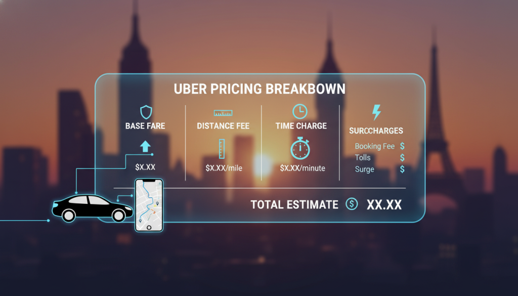 An intricate infographic showing how Uber pricing works, with a clear breakdown of various charge components. In the foreground, display iconic representations of a car and smartphone illustrating the ride-hailing concept. The middle section should feature a visually engaging chart detailing pricing elements like base fare, distance fee, time charge, and surcharges, each accompanied by corresponding icons, all presented in a clean, organized manner. In the background, create a cityscape scene with stylized landmarks subtly blurred to emphasize the pricing elements. Use warm lighting to evoke a professional atmosphere, with a slight focus effect to draw attention to the pricing chart. The image should be professional and polished, suitable for an informative article. Uber Charges Explained