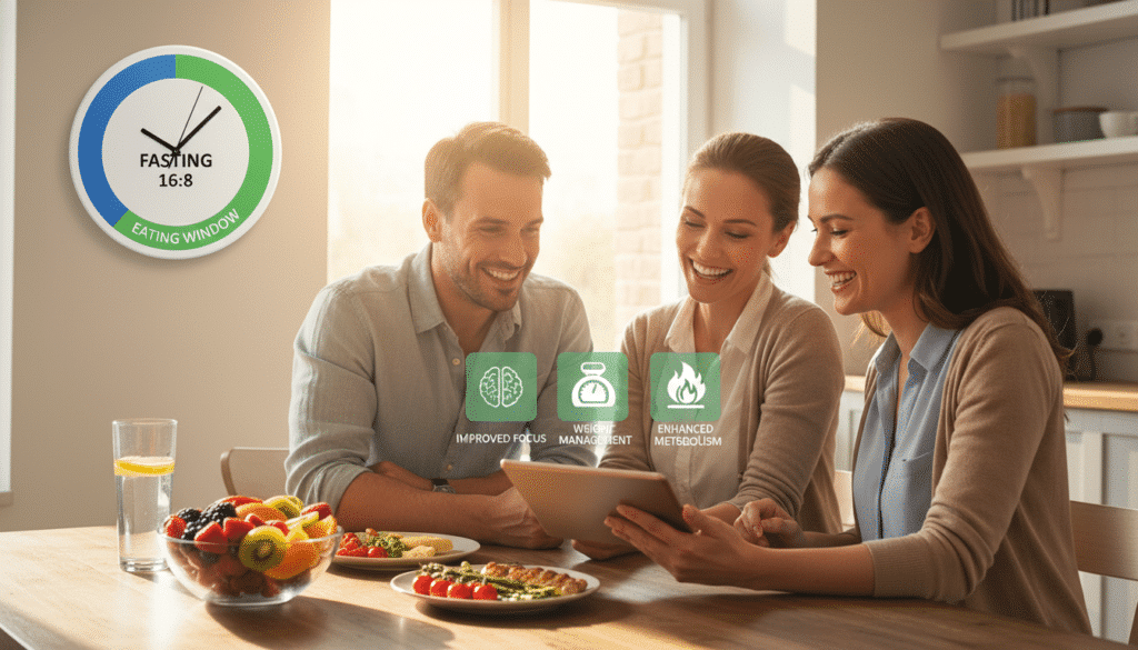 A bright, inviting kitchen setting illustrating the benefits of intermittent fasting. In the foreground, a clean, modern table is set with a balanced meal, featuring colorful fruits, vegetables, and a glass of water. A stylish clock on the wall indicates designated fasting and eating times. In the middle, a diverse group of three people in professional casual attire, smiling and discussing, embodying vitality and health. They are engaging with a digital tablet showcasing various benefits of fasting: improved focus, weight management, and enhanced metabolism. In the background, a sunlit window bathes the scene in warm light, creating an atmosphere of positivity and well-being. The overall mood is one of motivation and empowerment, inspiring viewers to consider the advantages of intermittent fasting.