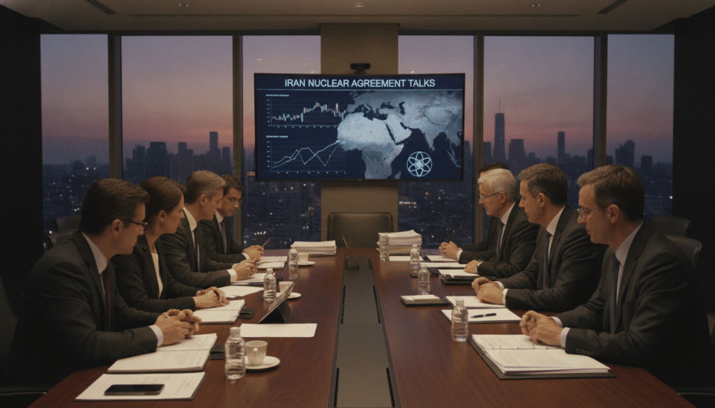 A high-stakes negotiation scene set in a modern conference room, with a long table at the center. Foreground: diverse diplomats in professional business attire, engaged in serious discussion, some gesturing towards documents. Middle ground: a large screen displaying graphs and maps relevant to the Iran nuclear deal, while papers and personal devices are scattered on the table. Background: large windows showing a city skyline at dusk with soft, ambient lighting casting a warm glow in the room. The atmosphere is tense yet hopeful, suggesting a mix of potential benefits and looming risks. The lens captures the scene from a slightly elevated angle, emphasizing the dynamics of the negotiation.