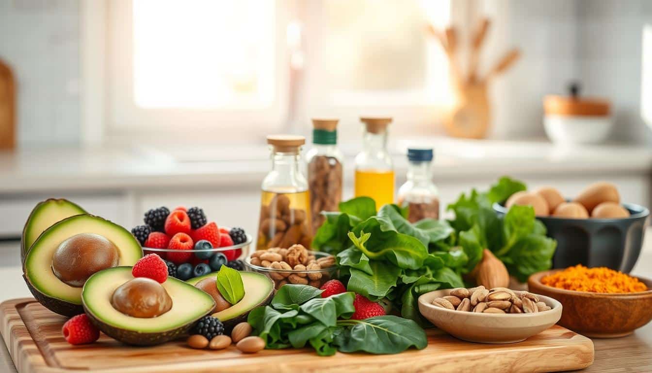 A serene kitchen countertop filled with natural remedies for lowering cholesterol. In the foreground, a wooden cutting board displays vibrant slices of avocados, colorful berries, and fresh green leafy vegetables like spinach and kale. A small bowl of nuts, such as almonds and walnuts, sits nearby. In the middle, a glass jar holds dried herbs like garlic and turmeric, along with small vials of fish oil capsules and flaxseed oil. The background features a softly blurred window with gentle, warm sunlight streaming in, illuminating the scene and creating a cozy atmosphere. The overall mood is inviting and healthy, emphasizing natural wellness and heart health.
cholesterol levels 60/100
heart health100/100
healthy diet 40/100
cholesterol reduction 40/100
natural remedies 67/100
cholesterol-lowering foods 53/100
exercise for cholesterol: 40/100
cholesterol management.