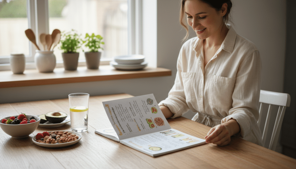 A serene kitchen setting with a wooden dining table, showcasing a beautifully arranged intermittent fasting guide. In the foreground, an open notebook features clear bullet points and colorful illustrations about fasting schedules. Beside it, a selection of healthy food items like fresh fruits, nuts, and a glass of water enhance the visual appeal. In the middle, a casually dressed individual, a woman in comfortable yet modest clothing, is seen reviewing the guide thoughtfully, with a warm smile, embodying a sense of satisfaction and clarity. The background contains soft, natural light streaming through a window, illuminating plants and kitchen utensils, creating a welcoming atmosphere that conveys balance and wellness. The overall mood is calm and inspirational, encouraging viewers to embark on their intermittent fasting journey.