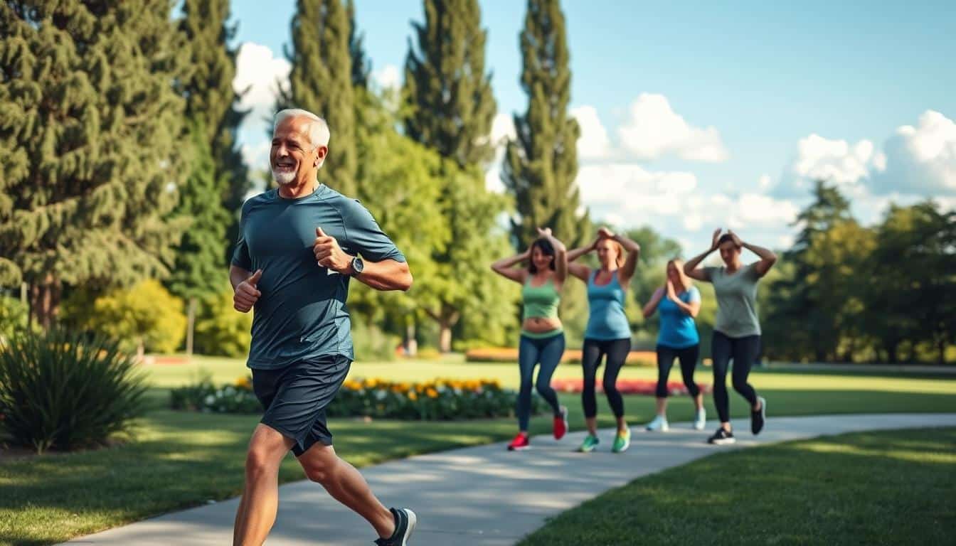A vibrant outdoor park scene depicting a diverse group of adults engaging in various forms of exercise to lower cholesterol and manage weight. In the foreground, a middle-aged man jogs on a pathway, wearing a moisture-wicking shirt and shorts, while a woman performs lunges nearby, dressed in comfortable athletic wear. In the middle ground, pairs of individuals participate in a group fitness class on a sunlit lawn, surrounded by greenery and colorful flower beds. The background features tall trees and a blue sky with fluffy clouds, enhancing the feeling of a healthy lifestyle. The lighting is bright and inviting, creating an uplifting atmosphere. The composition should be shot with a wide-angle lens, capturing the sense of community and wellness without any text or logos.
cholesterol levels 60/100
heart health100/100
healthy diet 40/100
cholesterol reduction 40/100
natural remedies 67/100
cholesterol-lowering foods 53/100
exercise for cholesterol: 40/100
cholesterol management.
