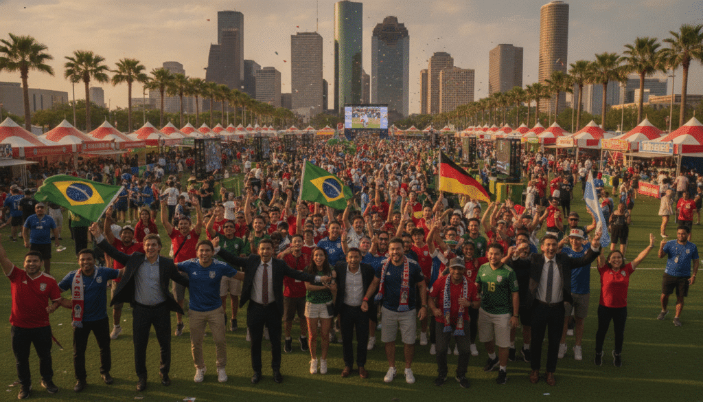 Vibrant scene depicting the excitement of the FIFA World Cup in Houston. In the foreground, a diverse group of fans in professional business attire and modest casual clothing, joyfully celebrating, waving flags and wearing soccer jerseys. In the middle ground, view of a bustling Fan Festival with colorful tents, food stalls, and interactive games, filled with people enjoying the atmosphere. The background showcases the iconic Houston skyline, bathed in warm, golden summer sunlight, with palm trees swaying gently. Soft, dynamic lighting enhances the festive mood, capturing the anticipation and thrill of the event. Use a wide-angle lens to emphasize the bustling crowd and lively environment, creating a sense of community and excitement in the heart of Houston.