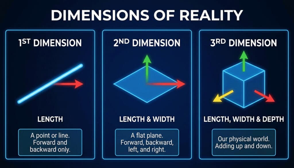 1st dimension: blue glowing line with a red arrow, representing length (forward/backward only). 2nd dimension: blue flat plane with green up and red right arrows, representing length and width (forward, backward, left, right). 3rd dimension: blue cube with green up, yellow left, and red arrows, representing length, width and depth in our physical world.