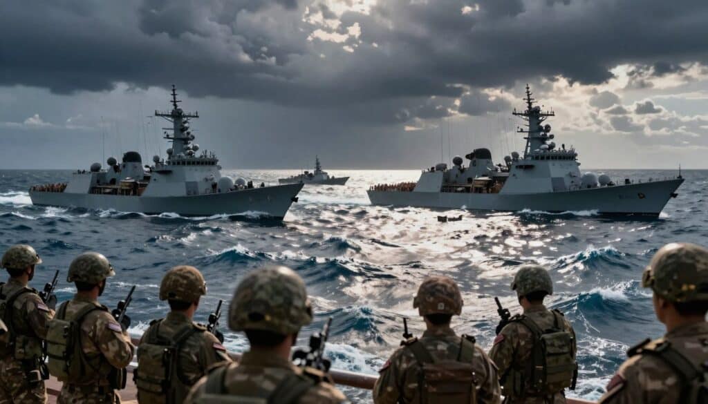 A dramatic depiction of a geopolitical crisis around the Strait of Hormuz. In the foreground, a tense military standoff featuring ships from both the U.S. Navy and Iranian naval forces, with soldiers in professional uniforms, poised for confrontation. The middle ground showcases an expansive ocean with turbulent waves reflecting a stormy sky, symbolizing rising tensions. In the background, a darkened horizon with ominous clouds hints at an impending conflict. Use cinematic lighting to highlight the emotional intensity, with contrasting shadows and highlights that enhance the feeling of urgency and seriousness. The image should evoke a sense of impending conflict, capturing the gravity of the situation without any text or additional elements.