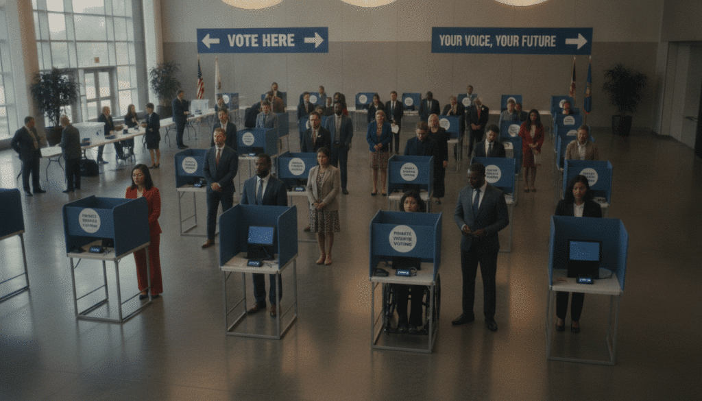 A dynamic scene illustrating an electoral system in the context of voting reform, capturing the tension of the election integrity debate. In the foreground, a group of diverse, professionally dressed individuals (men and women) are engaged in a heated discussion around a table filled with documents and digital devices. The middle ground depicts a large voting booth, symbolizing the democratic process, with ballots visible and vibrant voting graphics on the walls. In the background, a soft-focus government building under a clear blue sky signifies stability and authority. The lighting is bright and optimistic, with sunlight filtering through large windows, creating a balanced atmosphere of engagement and determination. Use a slightly elevated angle to convey a sense of importance and urgency in this democratic dialogue.