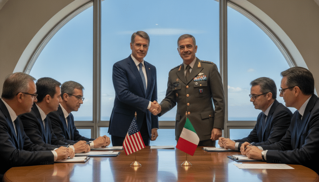 A high-level diplomatic meeting depicting military cooperation between US and Italian officials. In the foreground, two senior representatives, one in a tailored suit and the other in formal military attire, are shaking hands, symbolizing partnership. The middle ground features a round conference table adorned with flags of the US and Italy, surrounded by representatives engaged in focused discussion. The background reveals a large window showing a blue sky, suggesting optimism for future collaboration. Soft, natural lighting enhances the professional ambiance, highlighting the intensity and seriousness of the dialogue. The angle of the shot is slightly elevated, capturing the interaction and the formal setting, evoking a mood of tension but also hope for resolution.
