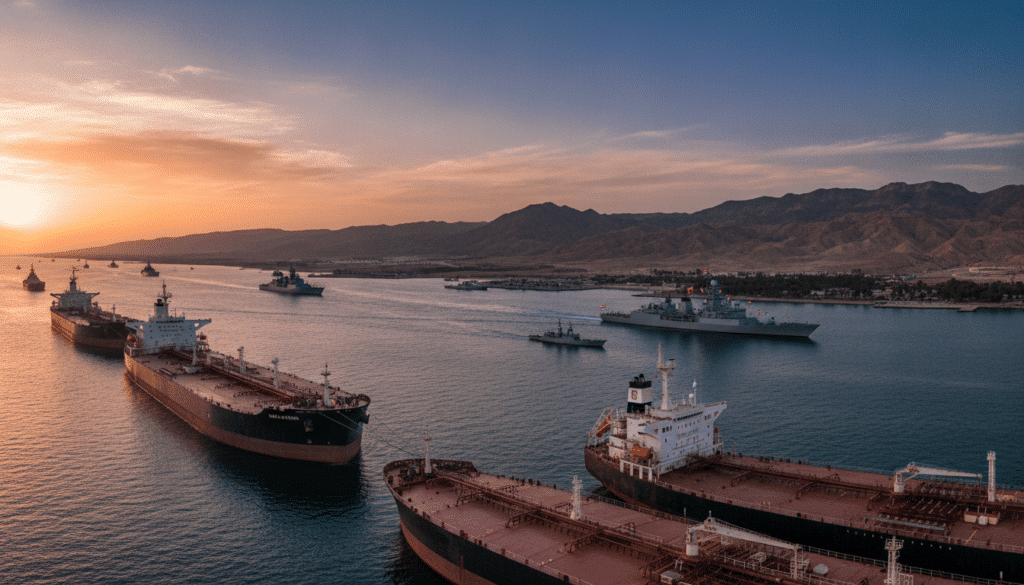 A panoramic view of the Strait of Hormuz, showcasing a busy oil transportation scene. In the foreground, several large oil tankers are anchored, their hulls reflecting the golden hues of the setting sun. The middle ground features a coordinated fleet of naval vessels patrolling the area, their flags waving gently in the breeze. The background reveals rocky coastlines of Iran, with a mix of rugged terrain and occasional greenery, under a clear blue sky. The scene captures a sense of bustling activity and underlying tension, with soft lighting highlighting the glistening water surface. A wide-angle lens offers an expansive view, emphasizing the strategic importance of this waterway for global trade. The atmosphere is a blend of urgency and vigilance.