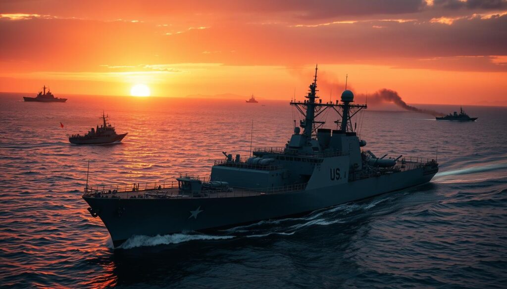 A tense maritime scene depicting a U.S. naval ship in the foreground, displaying its imposing presence as it maneuvers through the strategically significant waters of the Strait of Hormuz. In the midground, Iranian naval forces can be seen, illustrating the ongoing conflict. The background features a dramatic sunset, casting orange and purple hues across the sky, reflecting the volatile atmosphere of warfare. The lighting highlights the metallic surfaces of the ships and enhances the smoke rising in the distance, creating a sense of urgency. A subtle lens flare adds depth. The mood is dramatic and tense, encapsulating the complexities of foreign policy and military intervention. Ensure all elements are portrayed in a professional manner, with no human figures present.