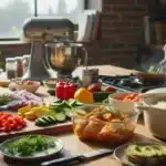 Kitchen scene with chopped peppers, onions, cucumbers and herbs on a cutting board; a stand mixer and cooks at the stove in the background.