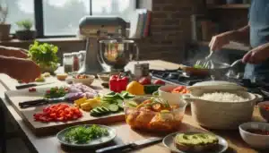 Kitchen scene with chopped peppers, onions, cucumbers and herbs on a cutting board; a stand mixer and cooks at the stove in the background.