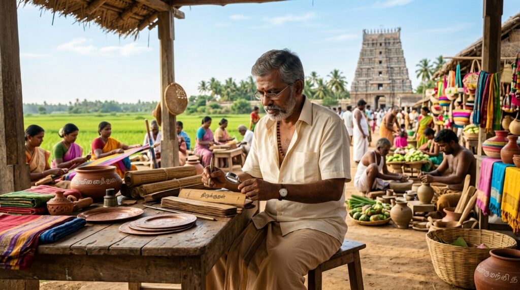 A Tamil language scholar, a middle-aged man with a thoughtful expression, dressed in modest traditional Tamil attire, explores the vibrant culture of Tamil Nadu. In the foreground, he is seen examining ancient Tamil manuscripts and artifacts on a rustic wooden table, surrounded by colorful textiles and intricate pottery. In the middle ground, a bustling market scene captures local artisans and villagers engaging in traditional crafts, with stalls showcasing handicrafts and fresh produce. The background reveals lush green paddy fields under a clear blue sky, with the iconic silhouette of a temple in the distance. The scene is illuminated by warm, natural daylight, creating an inviting and immersive atmosphere, with a shallow depth of field to emphasize the scholar's engagement with the culture.