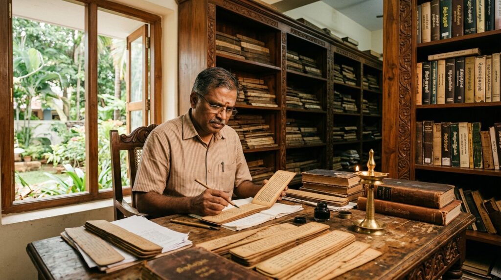 A Tamil language scholar immersed in the study of ancient Tamil texts. In the foreground, depict a middle-aged man with scholarly features, wearing traditional yet modest attire, seated at a wooden desk covered with scrolls and books. In the middle ground, an ornate bookshelf filled with ancient Tamil manuscripts stretches into view, reflecting the rich literary heritage. Soft, warm lighting illuminates the scene, casting gentle shadows that enhance the focus on the scholar's contemplative expression. In the background, a window reveals a serene garden, softening the atmosphere and suggesting a connection to nature. The overall mood is one of deep concentration and reverence for the language, capturing the essence of mastering Tamil literature. Use a wide-angle lens to encapsulate the environment beautifully.