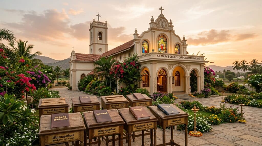 A serene Tamil Catholic church set in a tranquil village setting, showcasing classic architectural elements with vibrant stained glass windows reflecting light. In the foreground, an inviting entrance with lush greenery and blooming flowers. The middle ground features traditional Tamil literary texts elegantly displayed on wooden stands, symbolizing the cultural heritage influenced by Veeramamunivar. The background includes rolling hills and a soft sunset, creating a warm and inspirational atmosphere. The scene is illuminated with soft golden lighting to enhance the mood of reverence and reflection. Capture this image with a wide-angle lens to encompass both the church and the literary elements, conveying a rich connection between faith and literature.