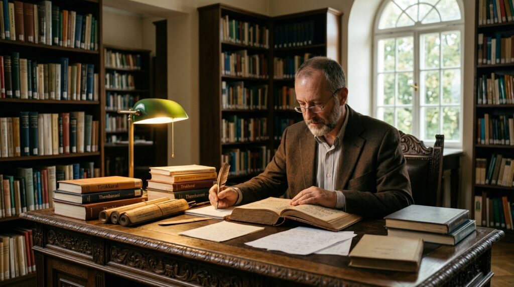 A serene library setting showcasing an Italian scholar, Veeramamunivar, deeply engaged in his studies of Tamil literature. In the foreground, he is sitting at an ornate wooden desk, surrounded by ancient Tamil manuscripts and modern books, wearing modest casual clothing indicative of scholarly attire. In the middle ground, a warm glow of golden lighting enhances the richness of the textures in the books and the woodwork, with shelves laden with literature on either side. The background features a large window, allowing soft, natural light to filter in, illuminating the room and creating a peaceful atmosphere. The mood is contemplative and scholarly, highlighting the beauty of Tamil literary contributions while showcasing the fusion of Italian and Tamil academic thought.